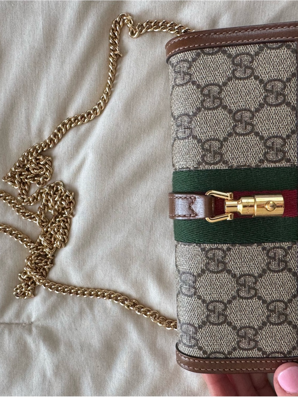 Gucci Brown GG Canvas Shoulder Bag with Green Web and Gold Chain - Picture 7 of 7